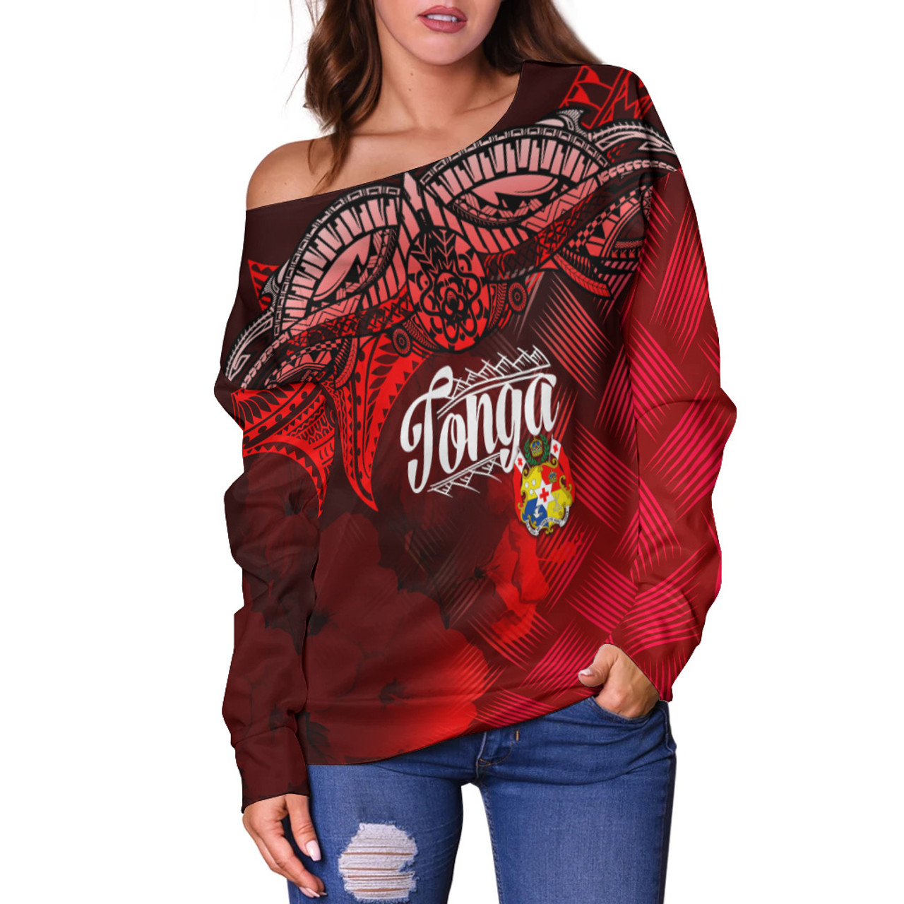 Tonga Polynesian Off Shoulder Sweatshirt - Tonga Coat Of Arms with Lauhala Tribal Pattern