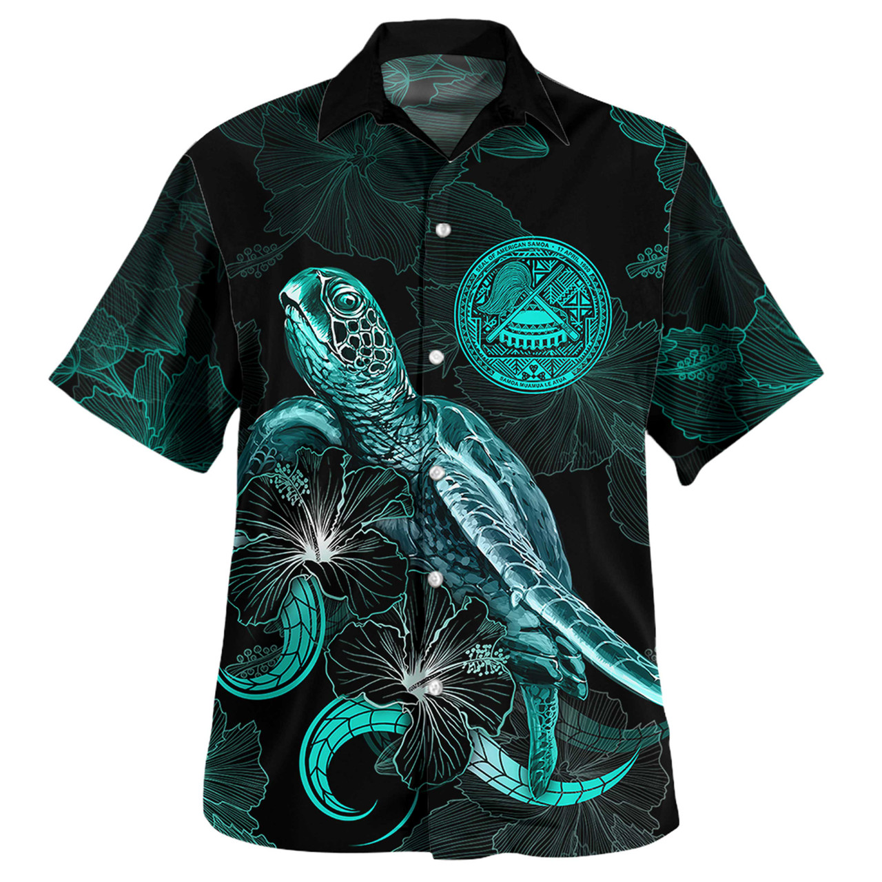 American Samoa Combo Dress And Shirt - American Samoa Seal With Turtle Blooming Hibiscus Turquoise