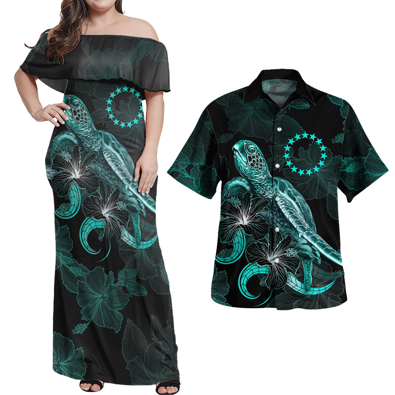 Cook Islands Combo Dress And Shirt - Cook Islands Coat Of Arms Turtle Blooming Hibiscus Turquoise