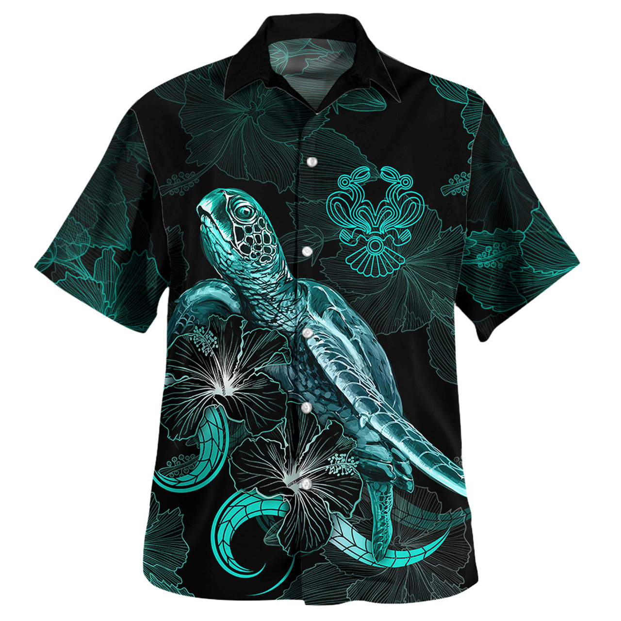 Easter Island Combo Dress And Shirt - Easter Island Coat Of Arms Turtle Blooming Hibiscus Turquoise