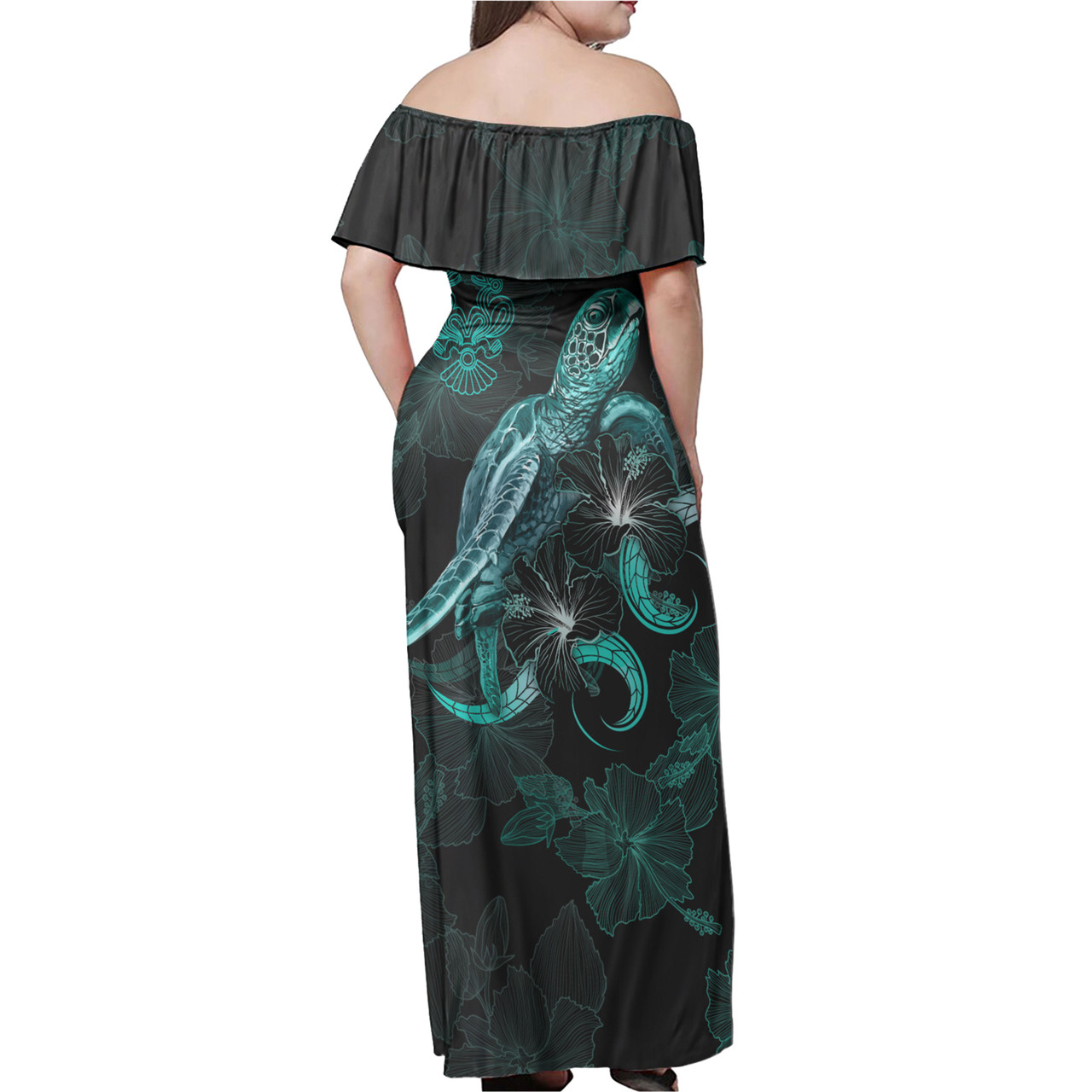 Easter Island Woman Off Shoulder Long Dress - Easter Island Coat Of Arms Turtle Blooming Hibiscus Turquoise