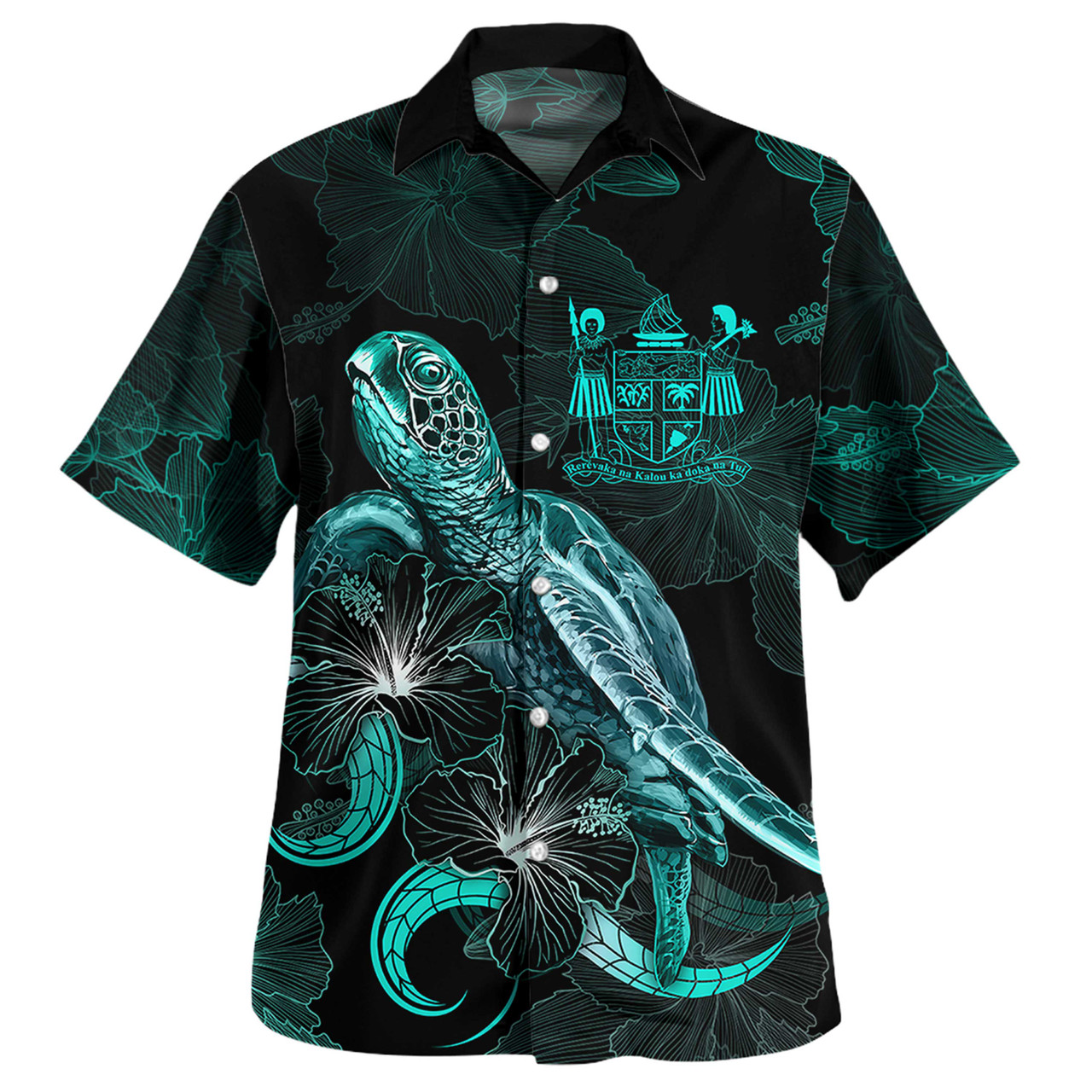 Fiji Combo Dress And Shirt - Fiji Coat Of Arms With Polynesian Turtle Blooming Hibiscus Turquoise