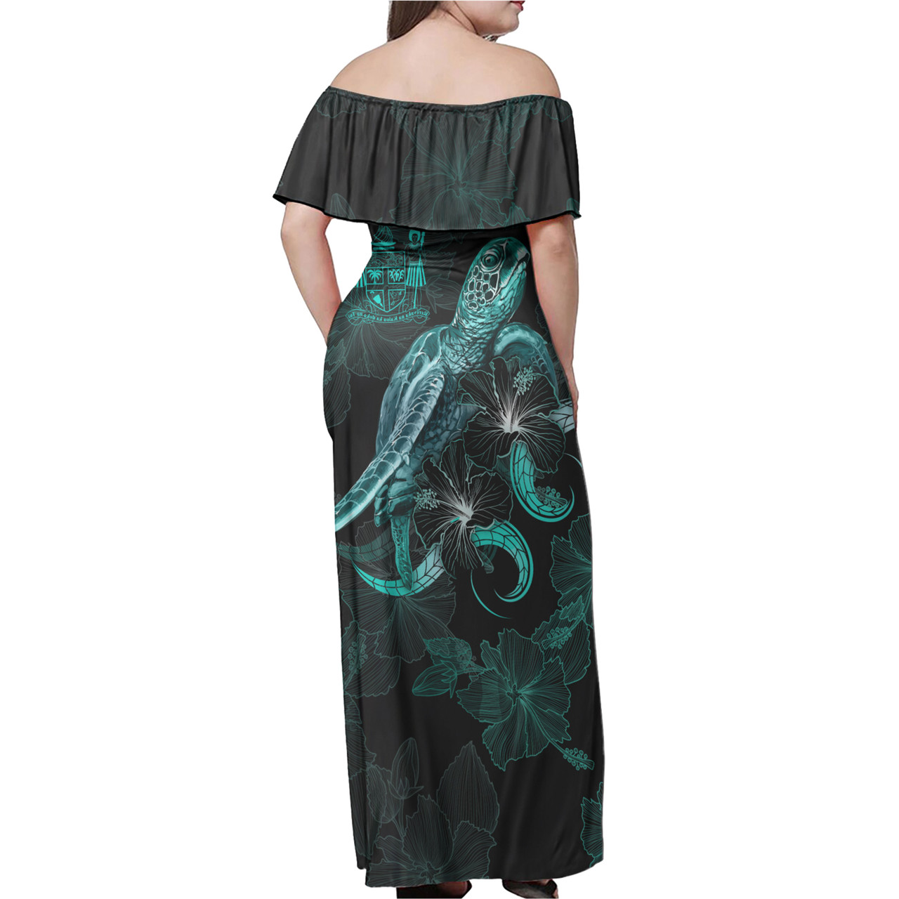 Fiji Woman Off Shoulder Long Dress - Fiji Coat Of Arms With Polynesian Turtle Blooming Hibiscus Turquoise