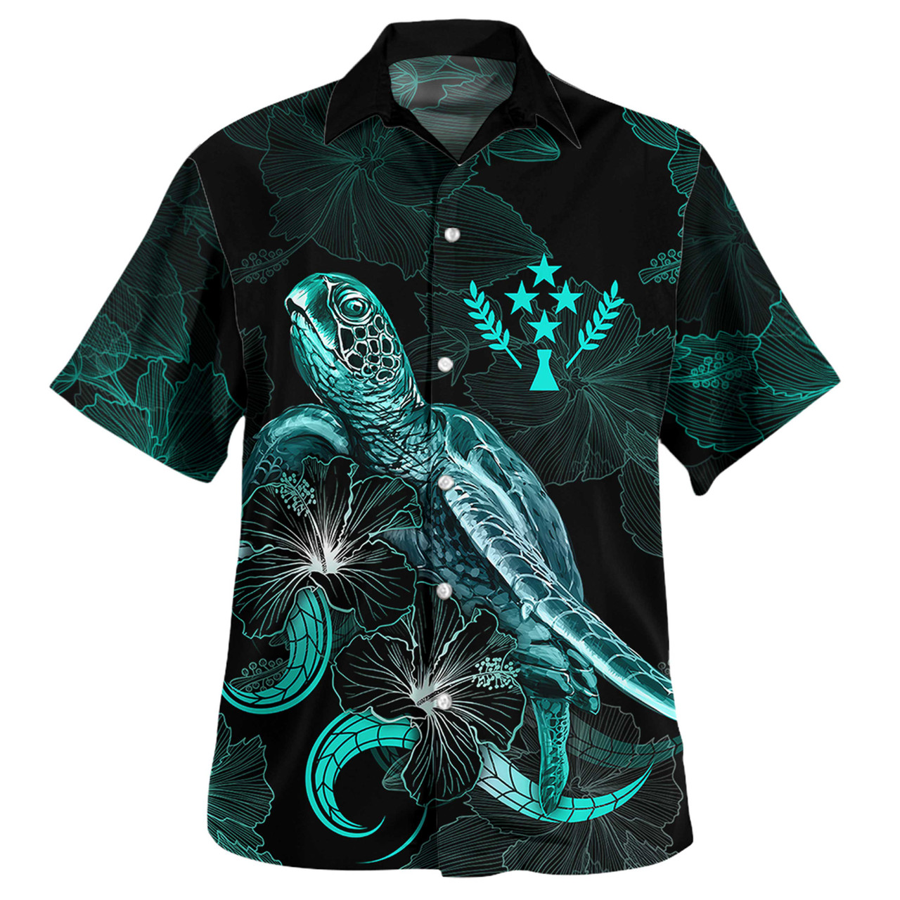 Kosrae Combo Dress And Shirt - Kosrae Coat Of Arms With Polynesian Turtle Blooming Hibiscus Turquoise