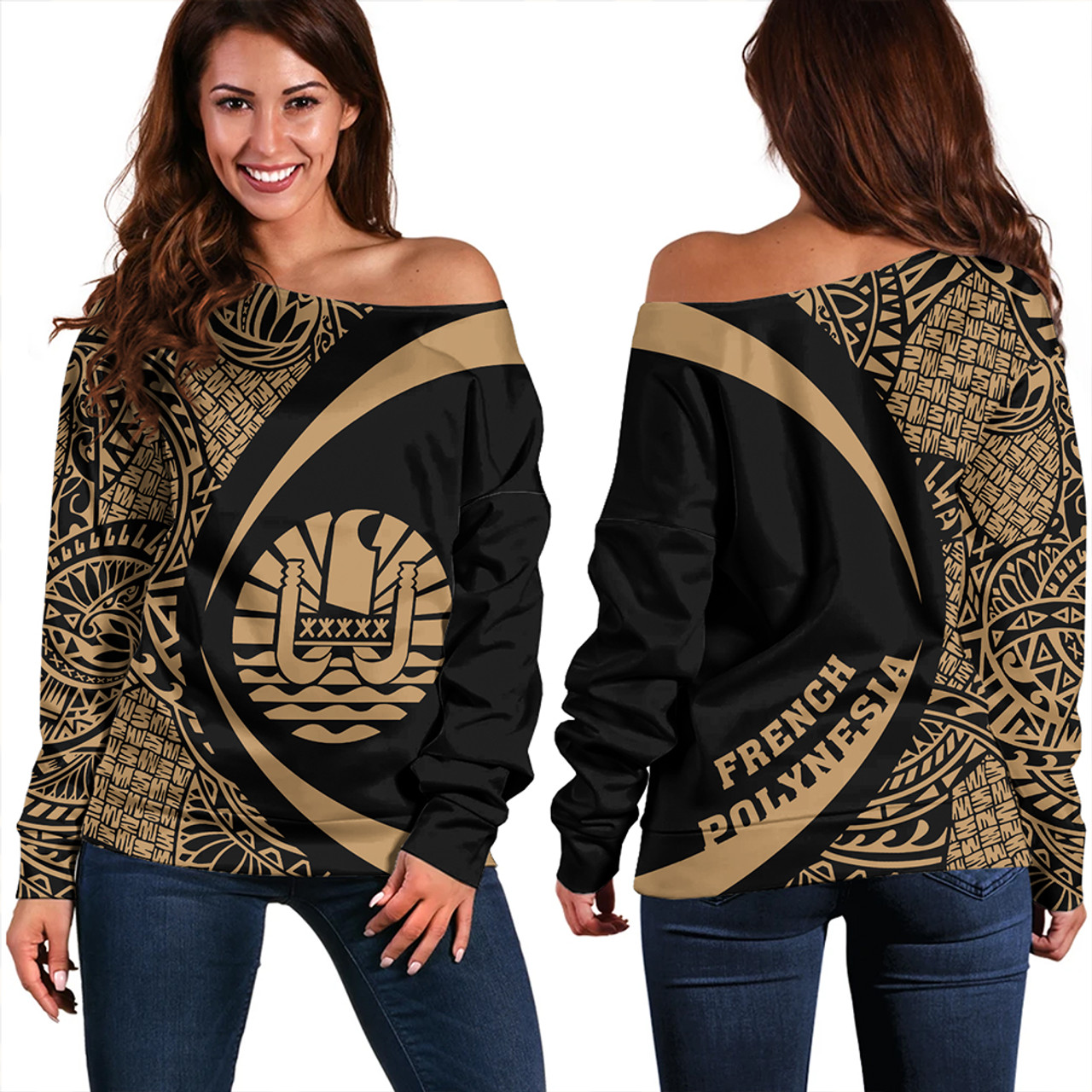 French Polynesia Off Shoulder Sweatshirt Coat Of Arm Lauhala Gold Circle