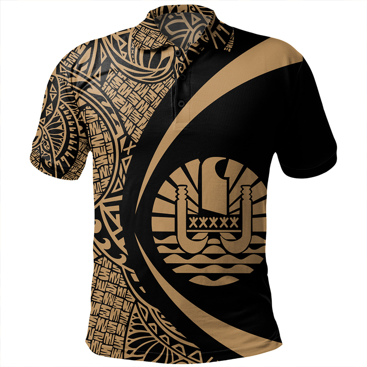 French Polynesia Polo Shirt Coat Of Arm Lauhala Gold Circle