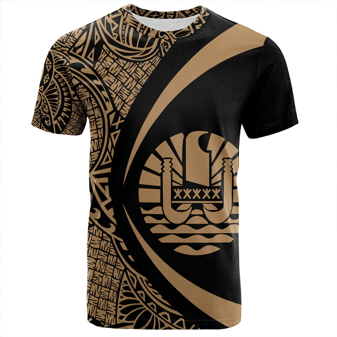 French Polynesia T-Shirt Coat Of Arm Lauhala Gold Circle