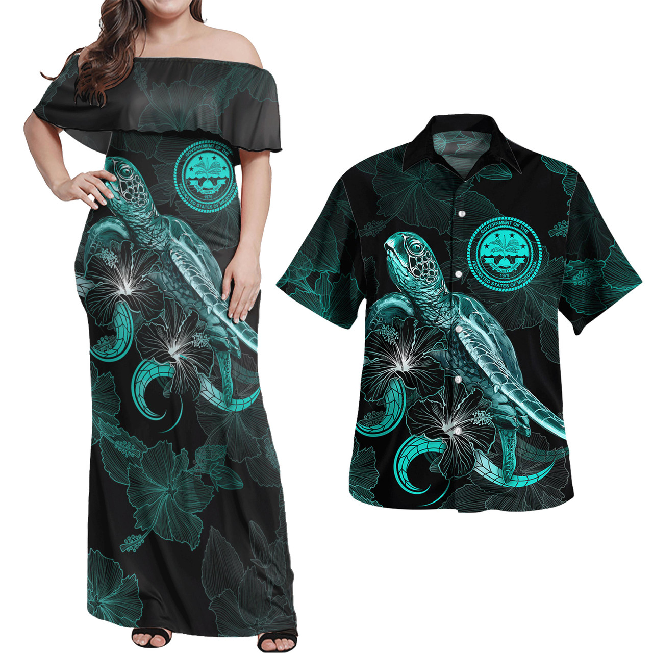 Federated States Of Micronesia Combo Dress And Shirt - Custom FSM Coat Of Arms With Turtle Blooming Hibiscus Turquoise