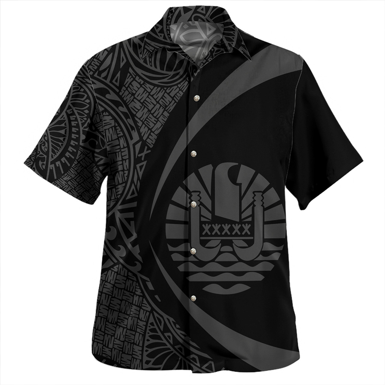 French Polynesia Hawaiian Shirt Coat Of Arm Lauhala Gray Circle