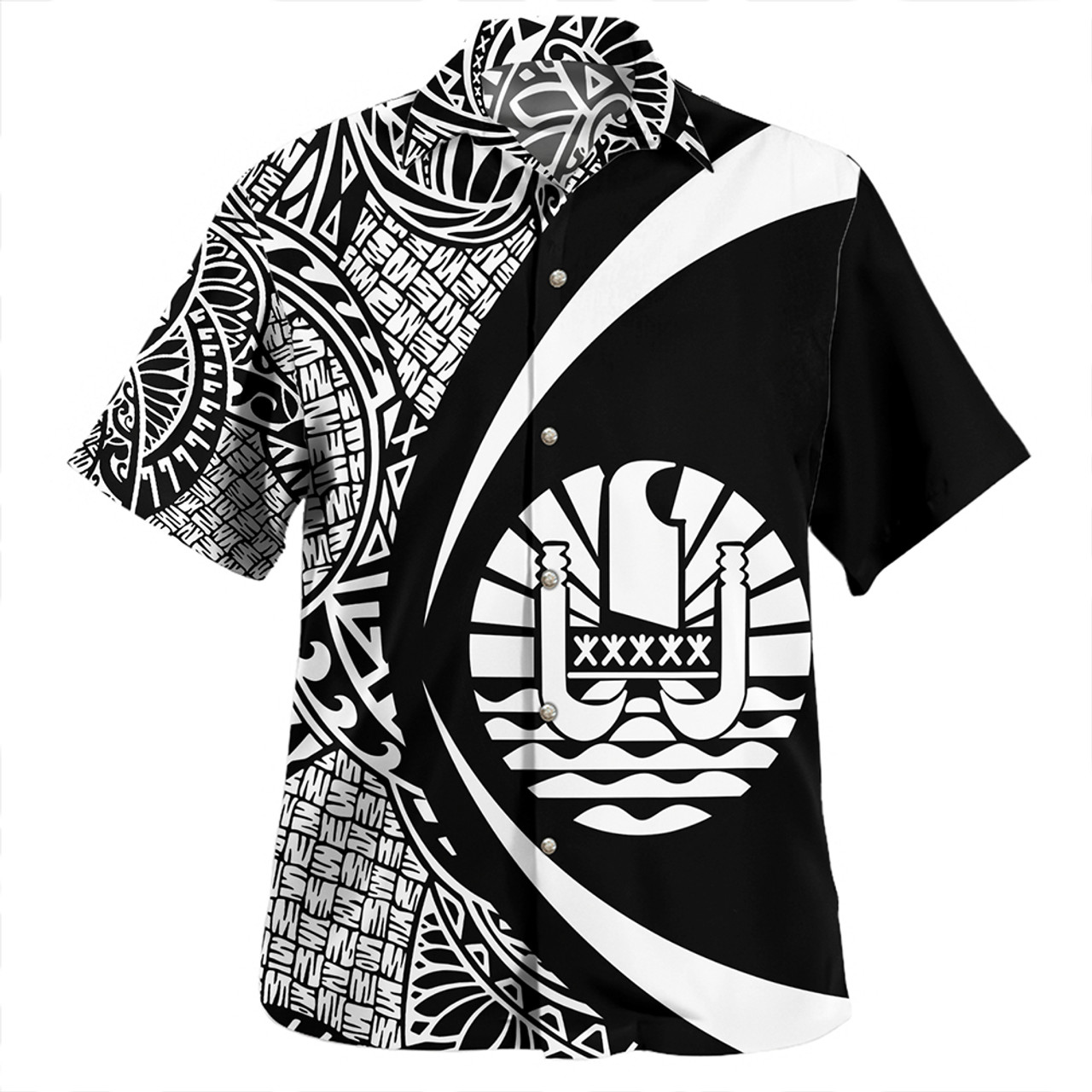French Polynesia Hawaiian Shirt Coat Of Arm Lauhala White Circle