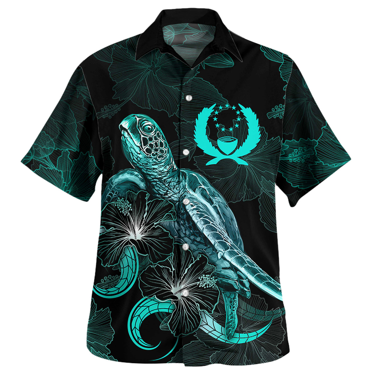 Pohnpei Combo Dress And Shirt - Pohnpei Coat Of Arms With Turtle Blooming Hibiscus Turquoise