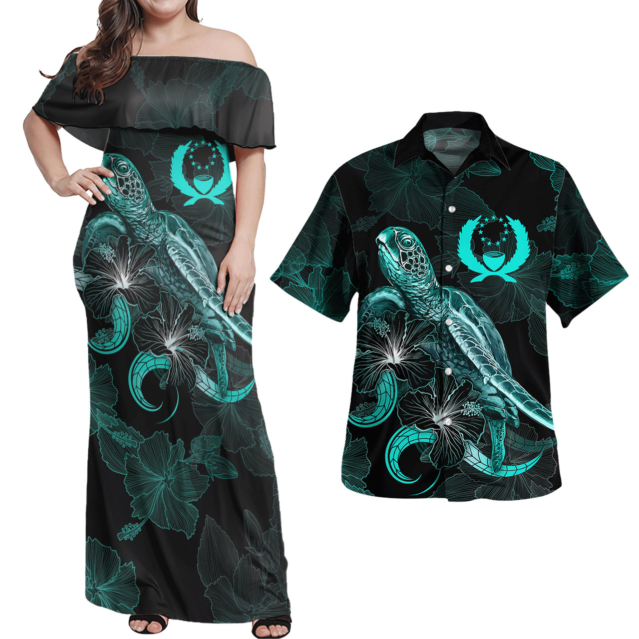 Pohnpei Combo Dress And Shirt - Pohnpei Coat Of Arms With Turtle Blooming Hibiscus Turquoise