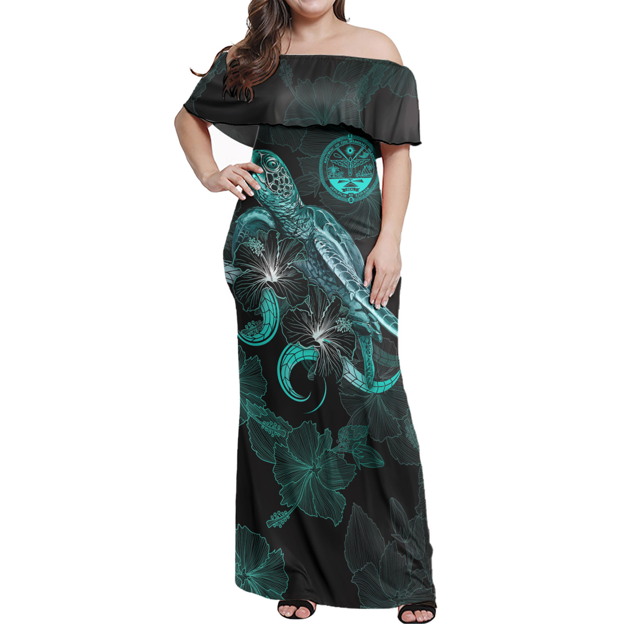 Marshall Islands Off Shoulder Long Dress - Marshall Islands Coat Of Arms With Polynesian Turtle Blooming Hibiscus Turquoise