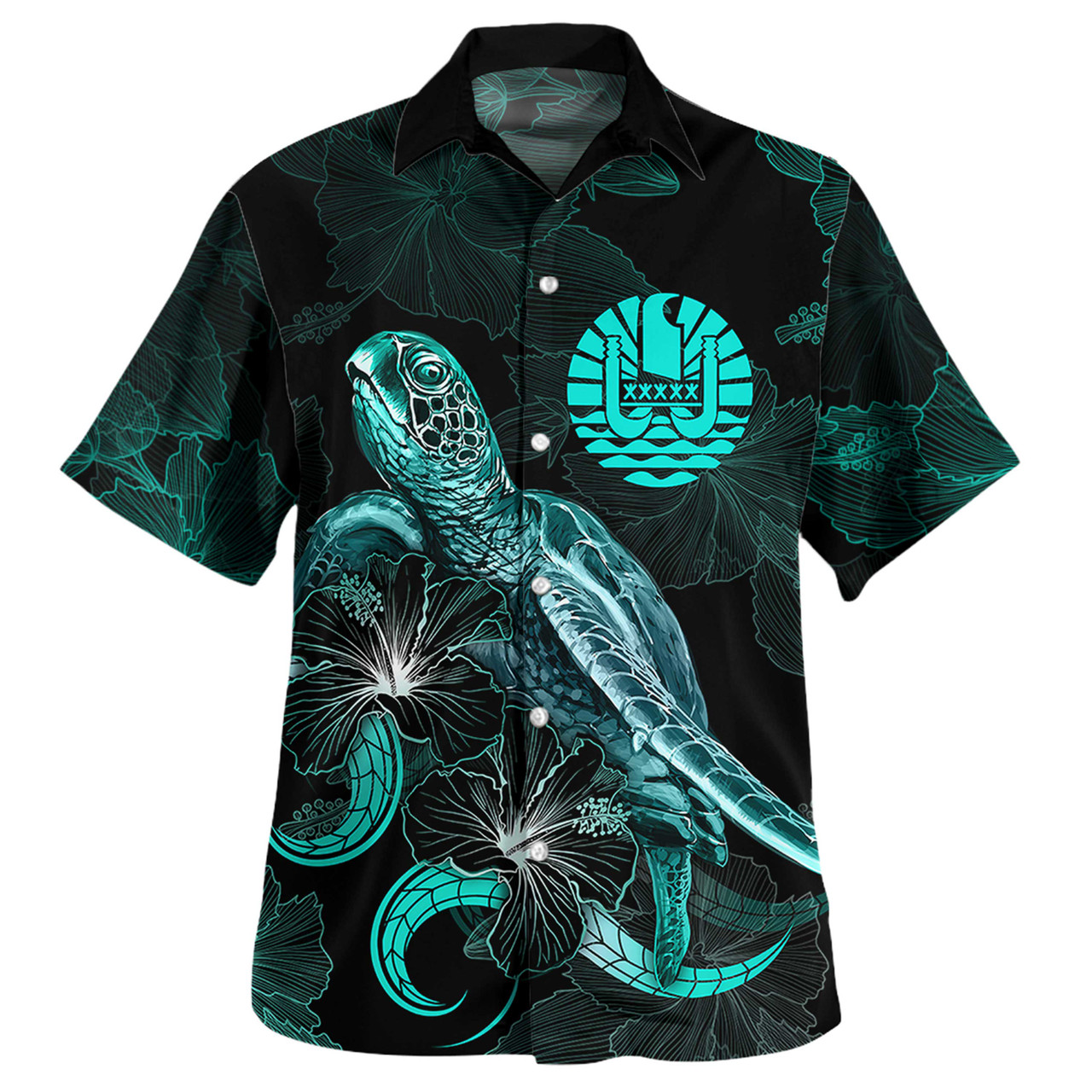 Tahiti Combo Dress And Shirt - Tahiti Coat Of Arms With Polynesian Turtle Blooming Hibiscus Turquoise