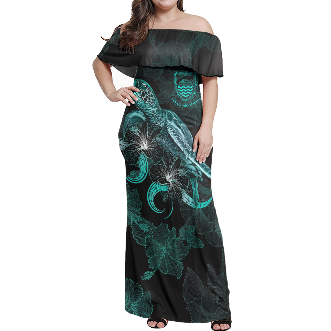 Tuvalu Off Shoulder Long Dress - Tuvalu Coat Of Arms With Polynesian Turtle Blooming Hibiscus Turquoise