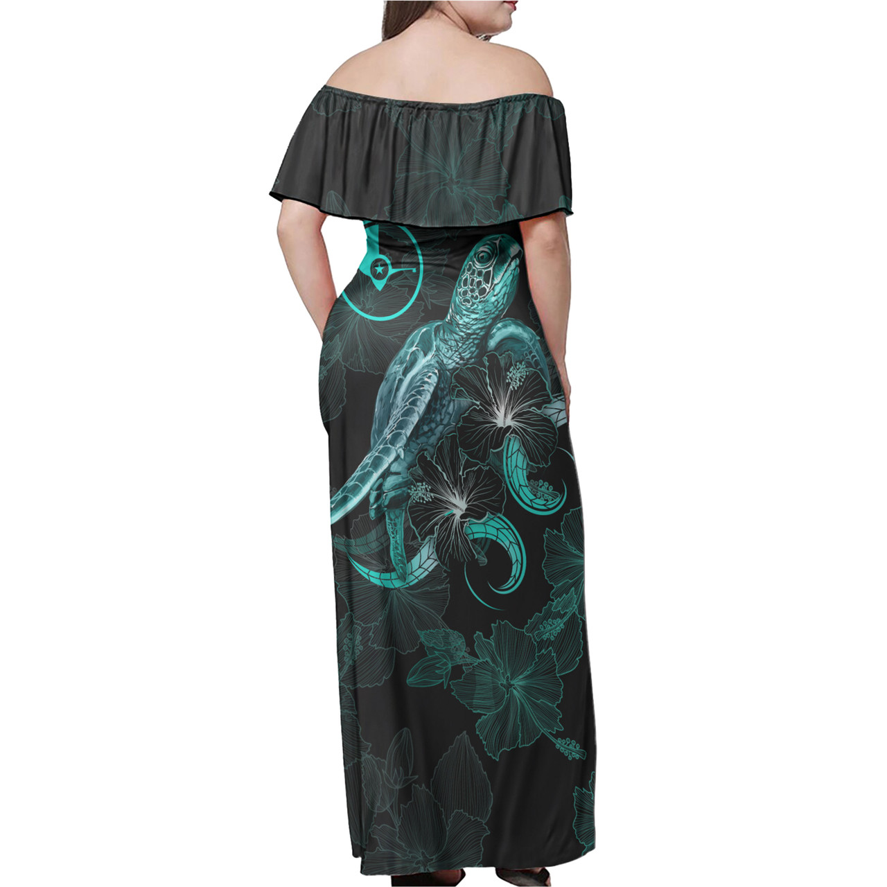 Yap Off Shoulder Long Dress - Yap Coat Of Arms With Polynesian Turtle Blooming Hibiscus Turquoise