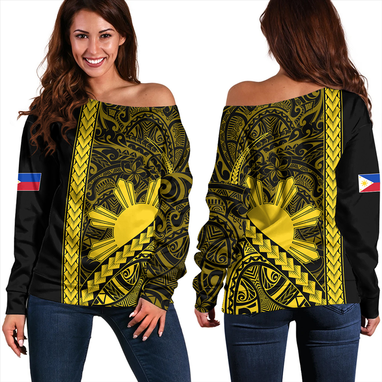 Philippines Off Shoulder Sweatshirt Tribal Polynesian Sun Yellow