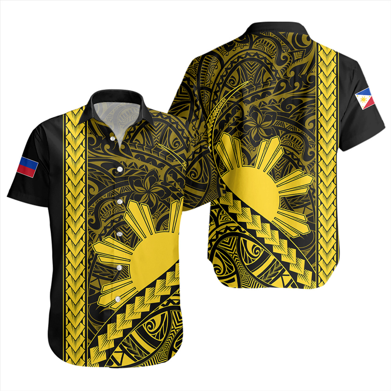 Philippines Short Sleeve Shirt Tribal Polynesian Sun Yellow