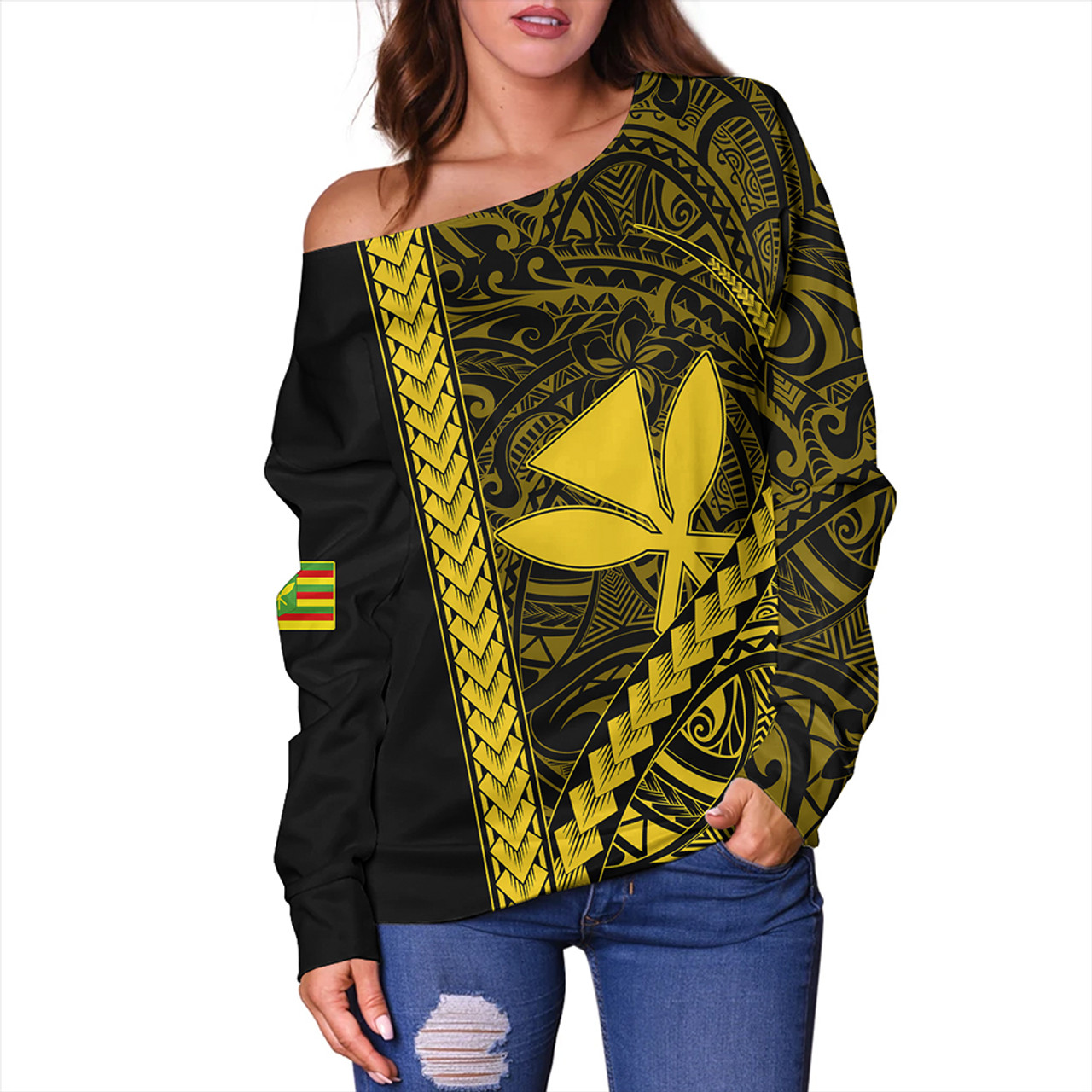 Hawaii Off Shoulder Sweatshirt Tribal Polynesian Kanaka Maoli Yellow