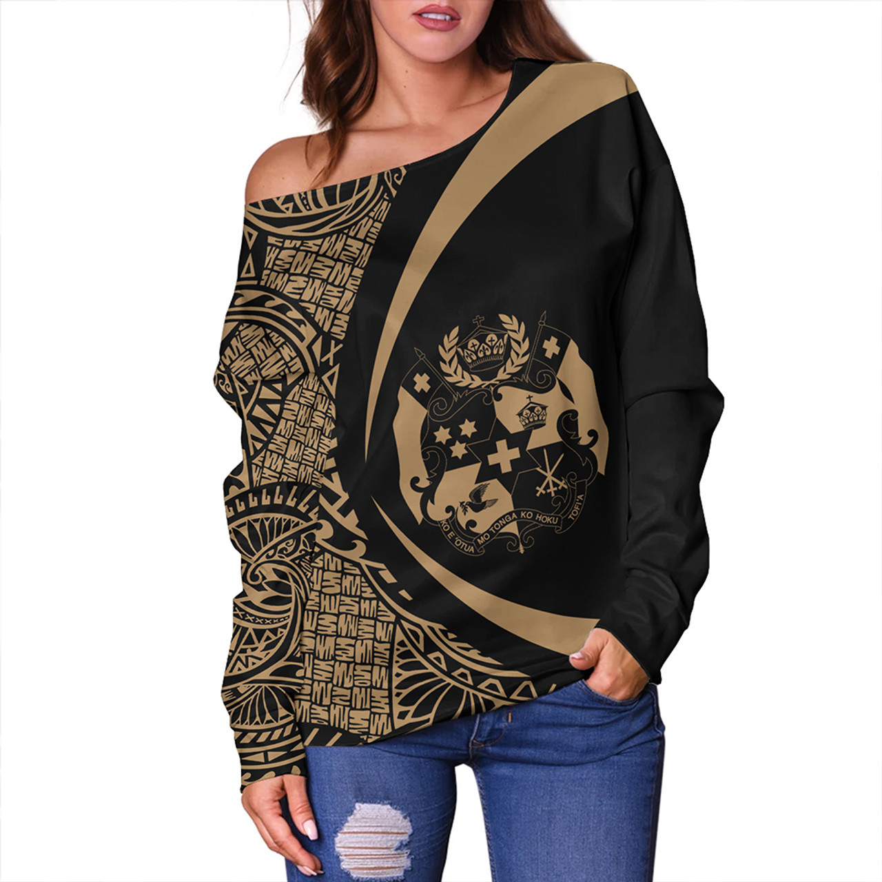 Tonga Off Shoulder Sweatshirt Coat Of Arm Lauhala Gold Ver 2 Circle