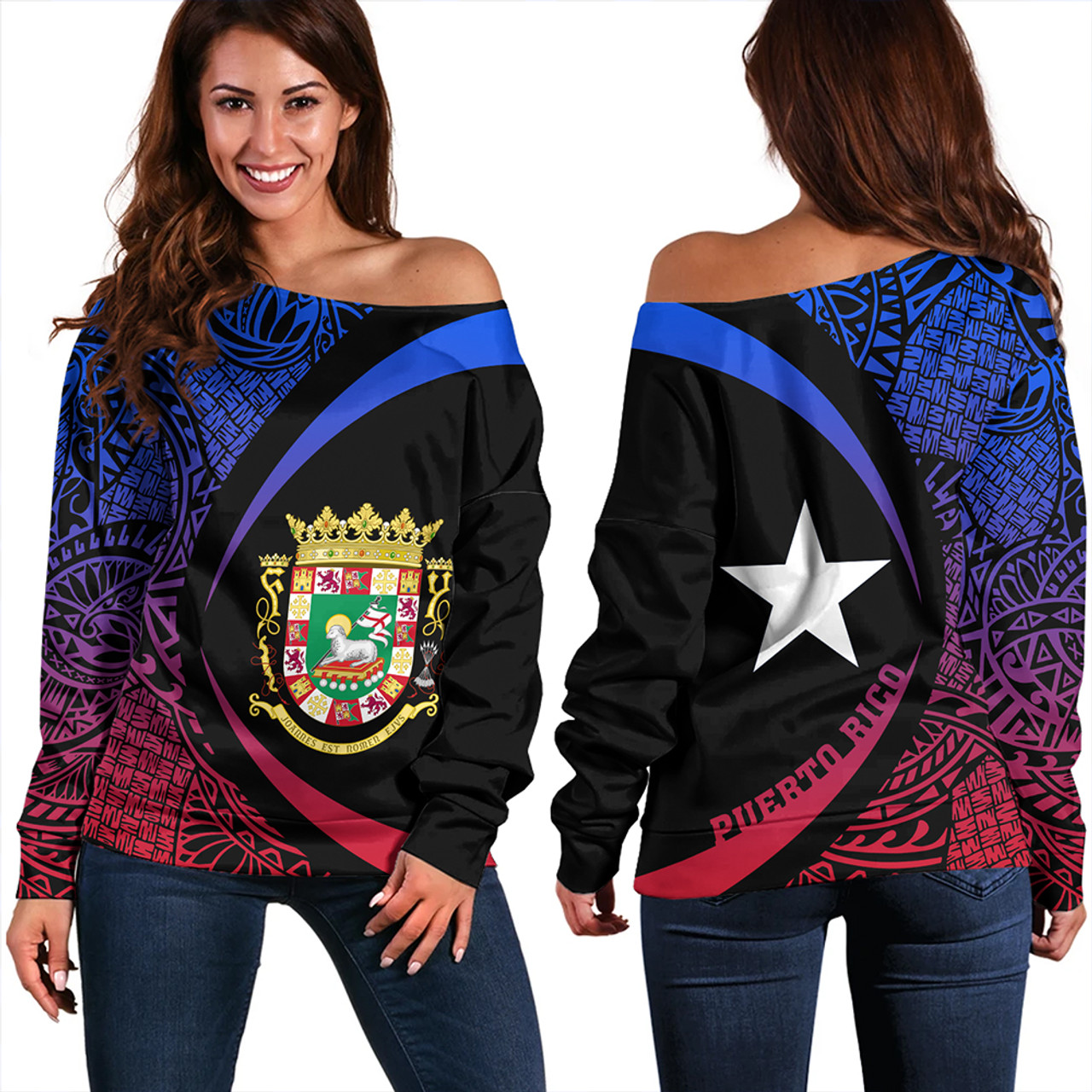 Puerto Rico Off Shoulder Sweatshirt Coat Of Arm Lauhala Circle