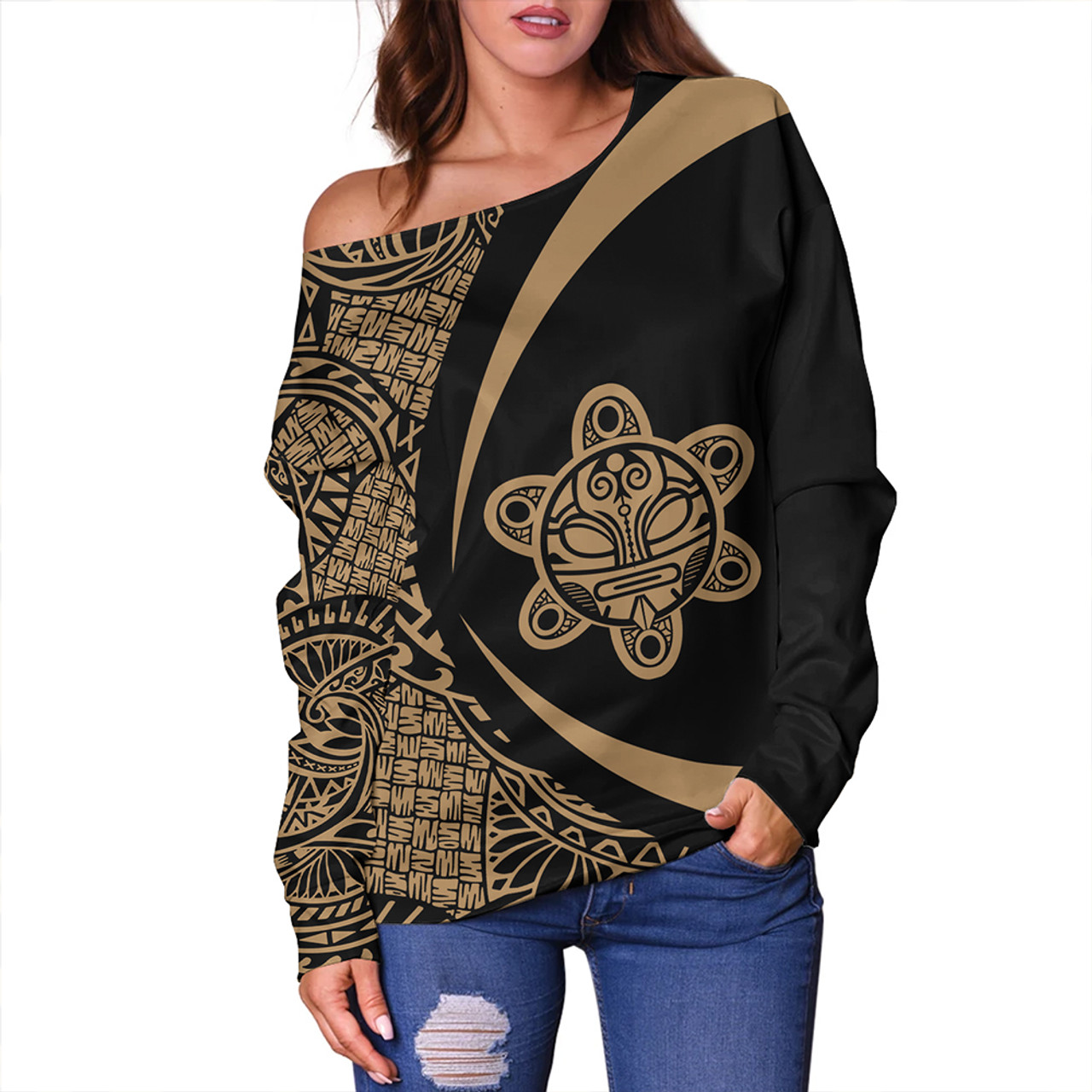 Puerto Rico Off Shoulder Sweatshirt Coat Of Arm Lauhala Gold Circle