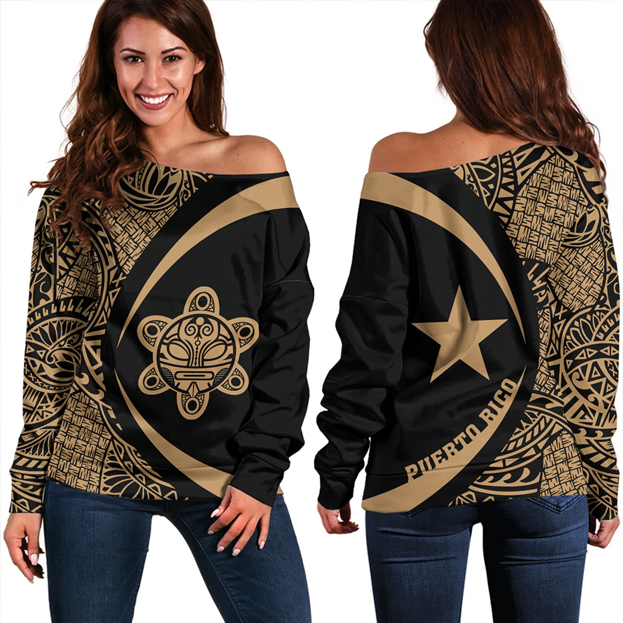 Puerto Rico Off Shoulder Sweatshirt Coat Of Arm Lauhala Gold Circle