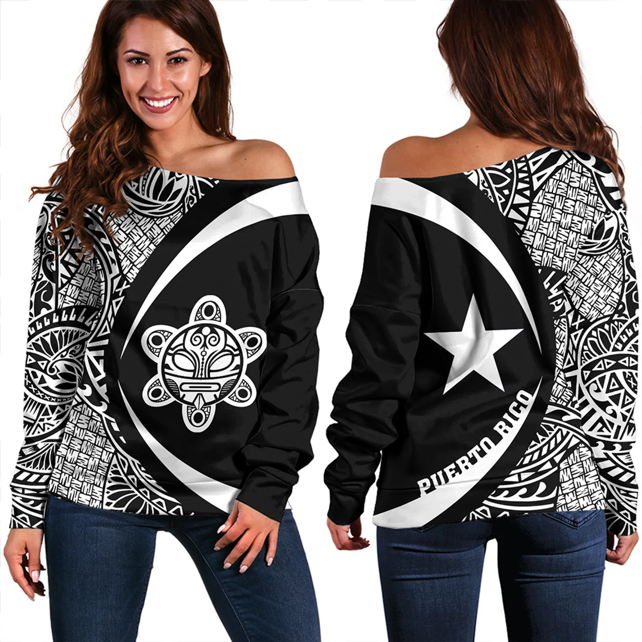 Puerto Rico Off Shoulder Sweatshirt Coat Of Arm Lauhala White Circle