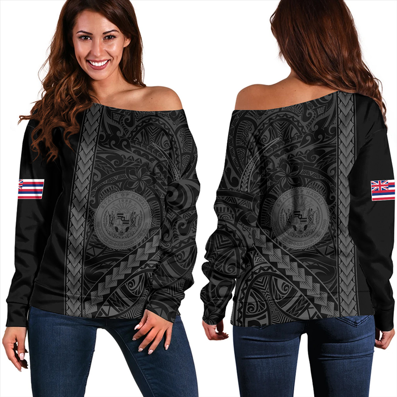 Hawaii Off Shoulder Sweatshirt Tribal Polynesian Coat Of Arms Gray