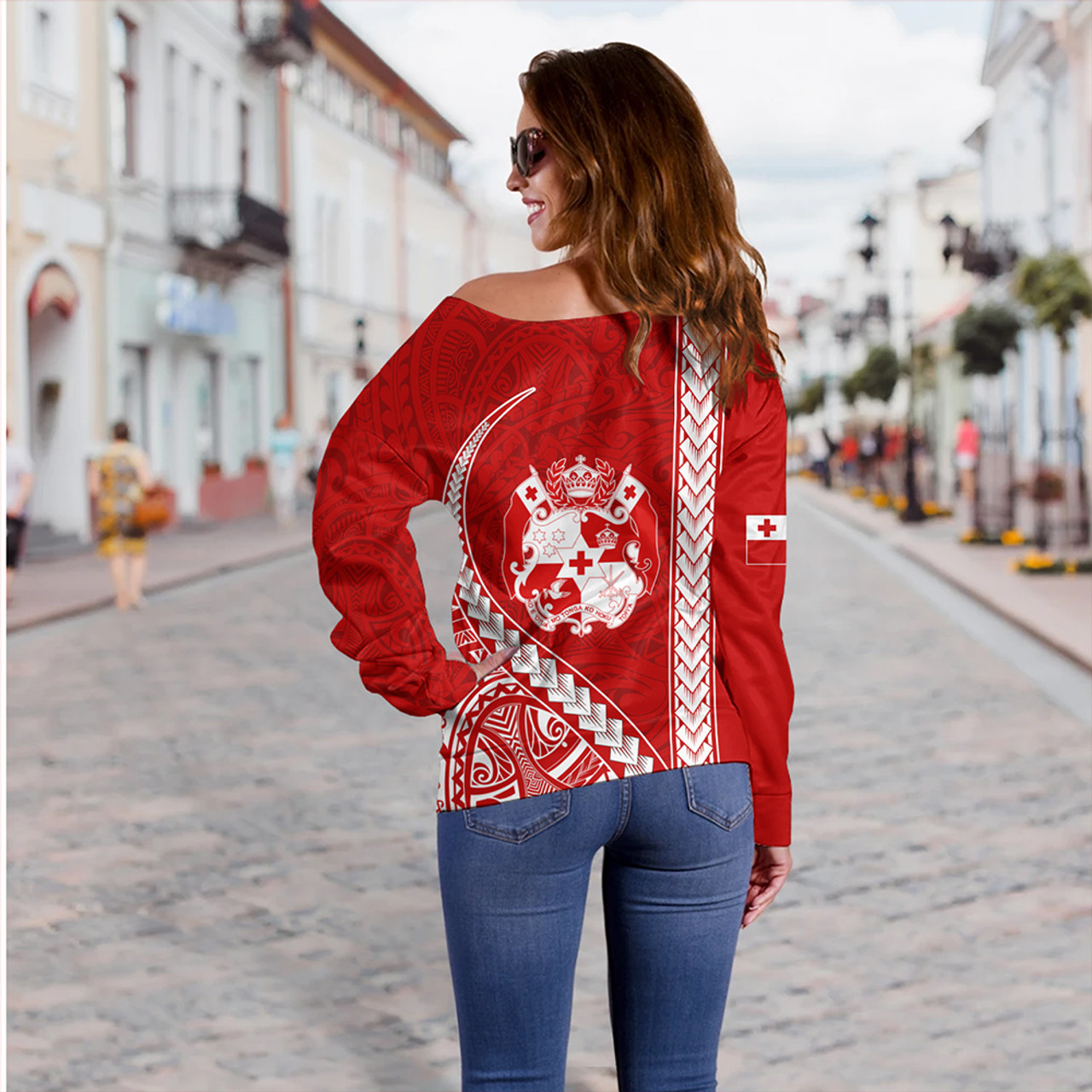 Tonga Off Shoulder Sweatshirt Tribal Polynesian Coat Of Arms