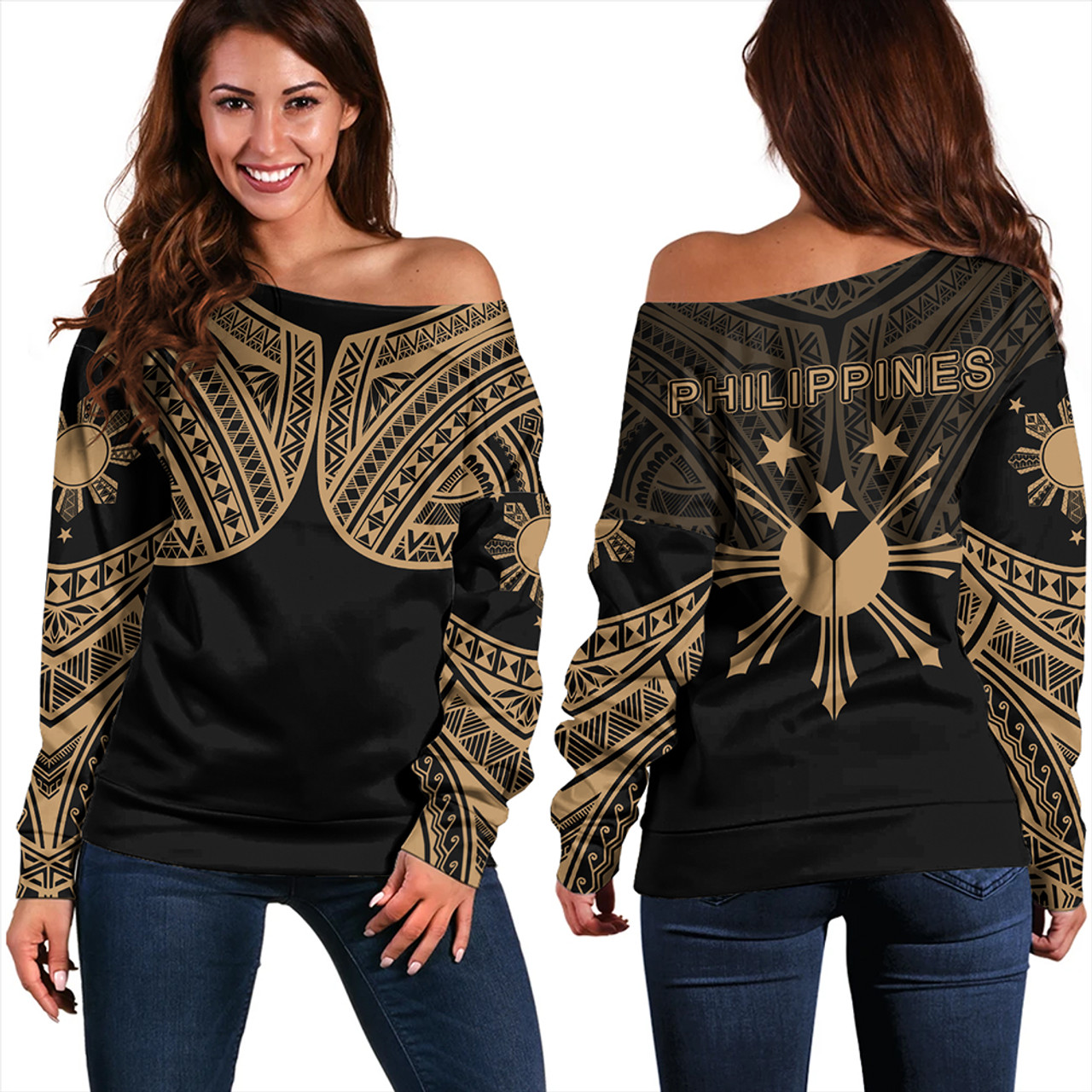 Philippines Off Shoulder Sweatshirt Sun Star Warrior Style Gold