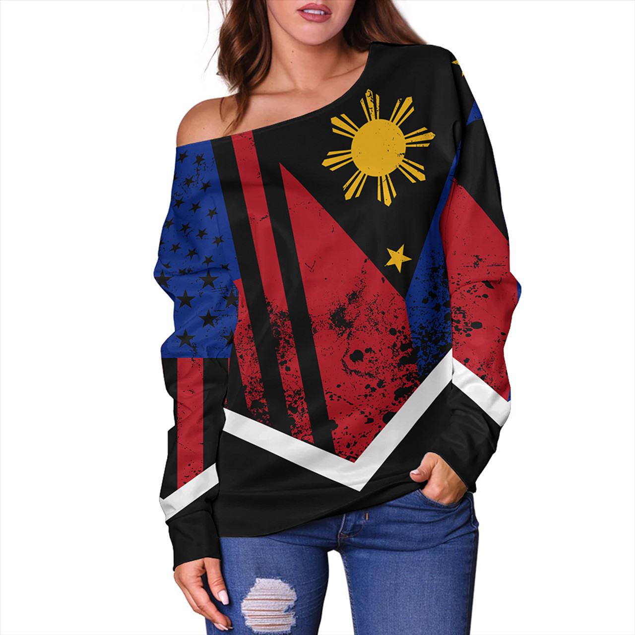 Philippines And American Off Shoulder Sweatshirt Flag Half Concept Brush Style