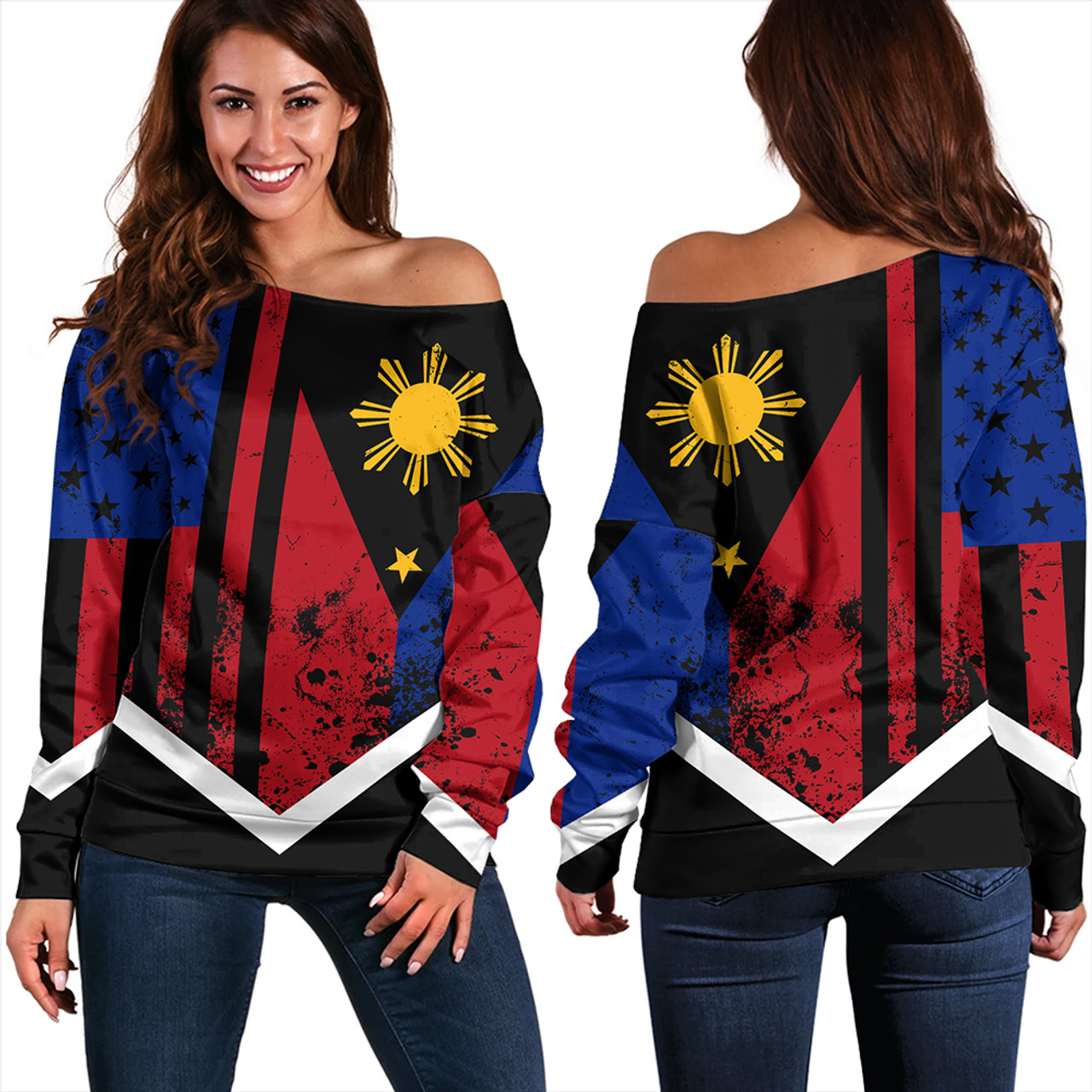 Philippines And American Off Shoulder Sweatshirt Flag Half Concept Brush Style