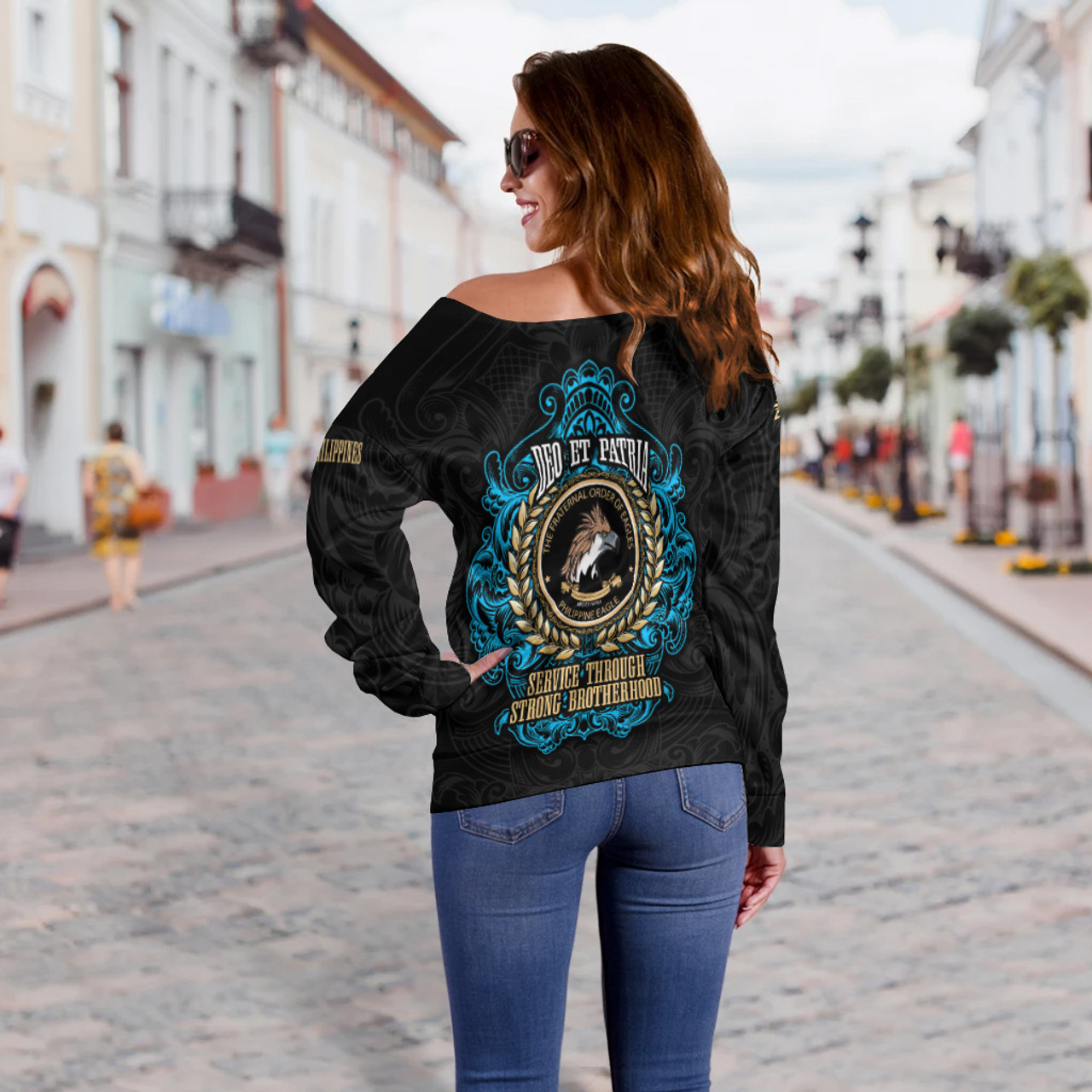 Philippines Off Shoulder Sweatshirt - Philippine Eagles Ornament Vintage Style