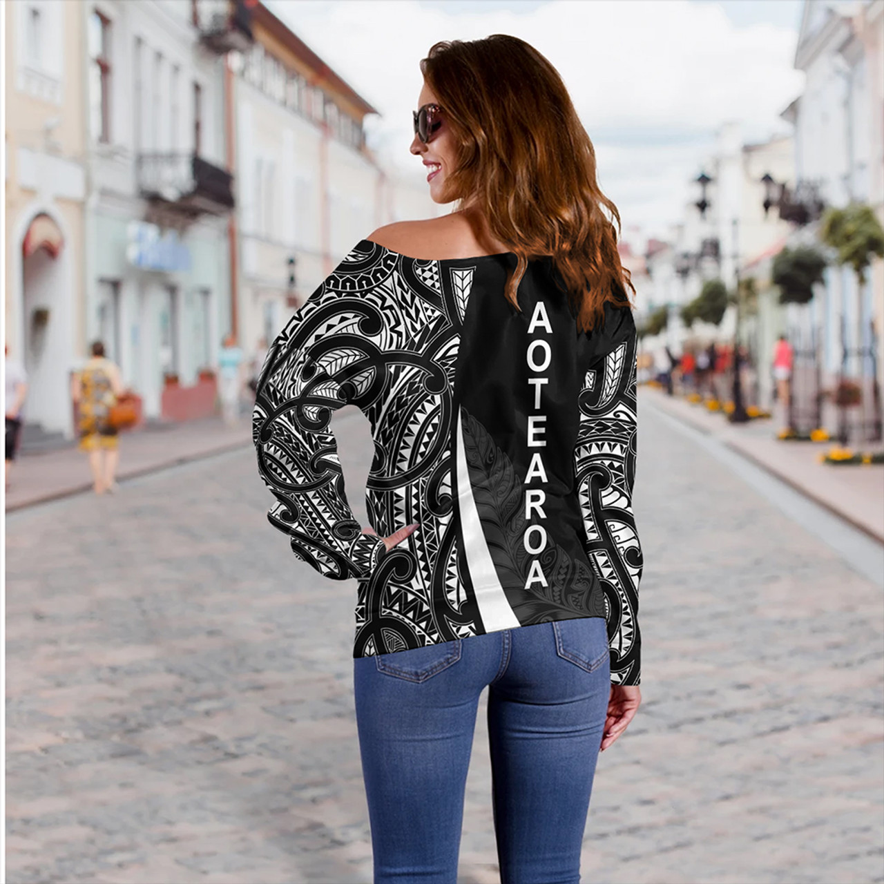 New Zealand Off Shoulder Sweatshirt Country Aotearoa Maori Pattern Silver Fern