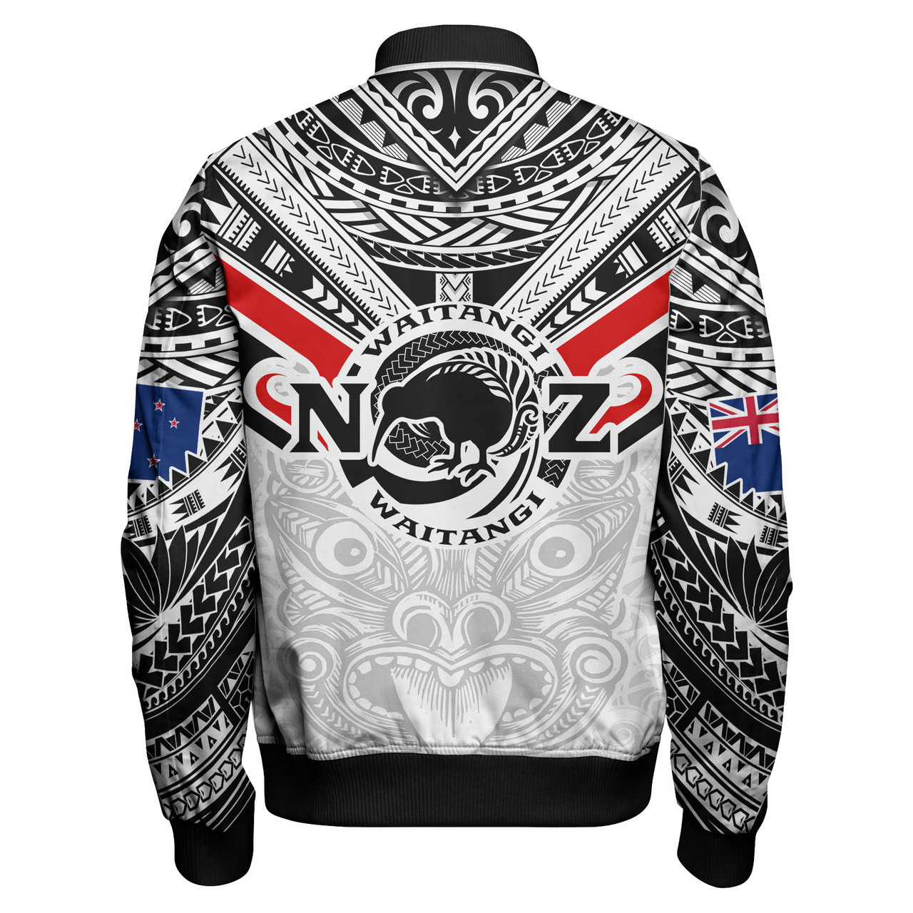 New Zealand Waitangi Day Bomber Jacket - New Zealand Kiwi Fern With Maori Koru Spiral White