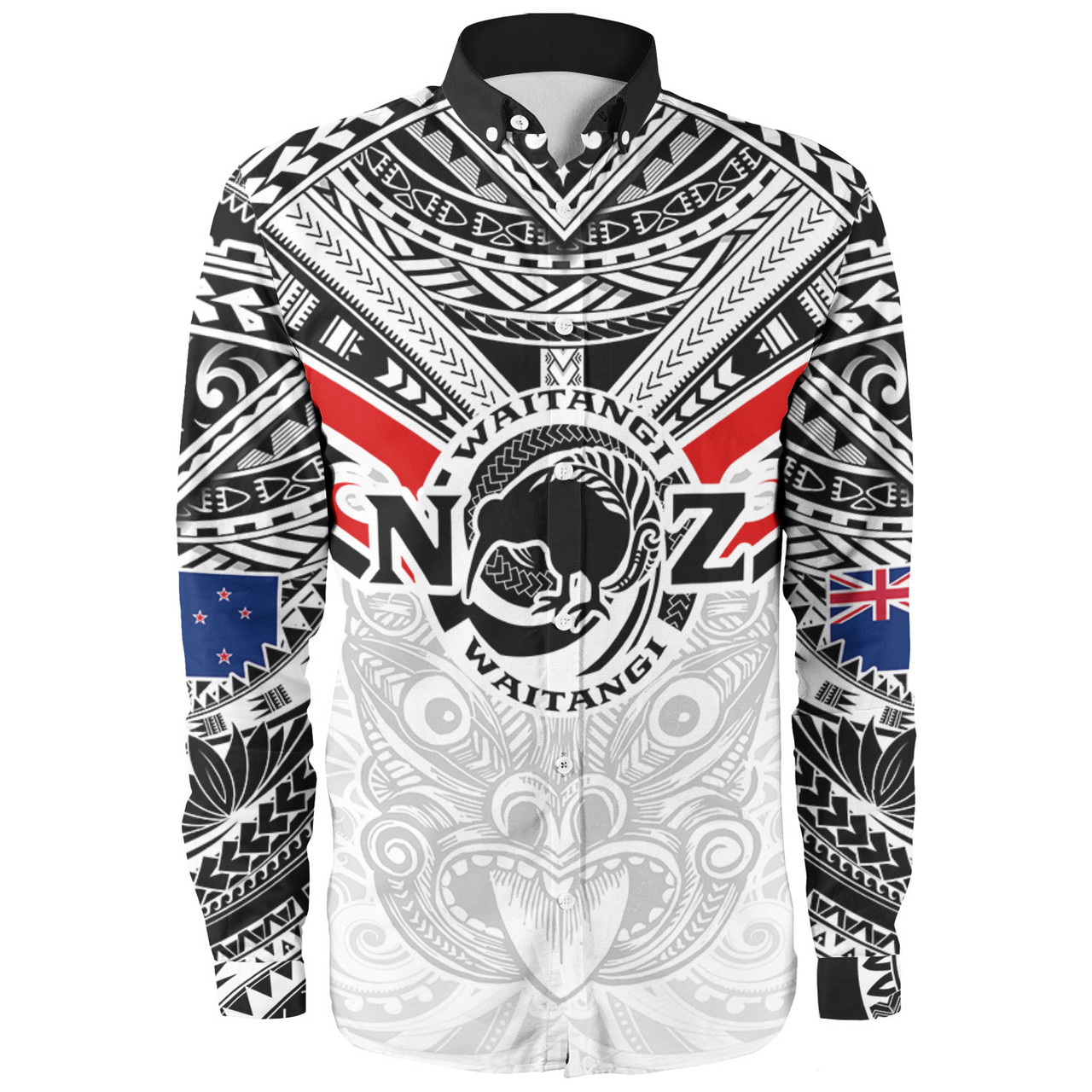 New Zealand Waitangi Day Long Sleeve Shirt - New Zealand Kiwi Fern With Maori Koru Spiral White