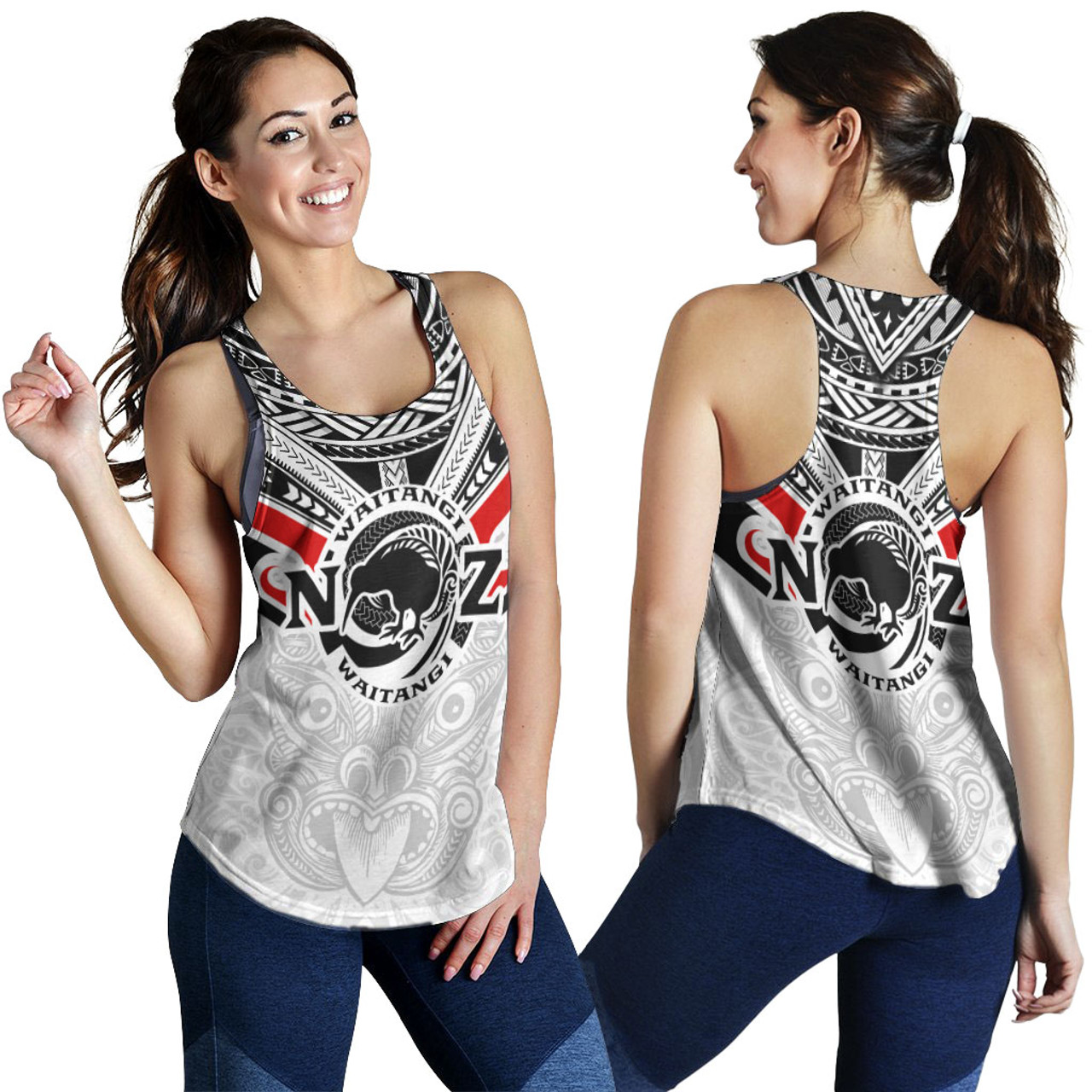 New Zealand Waitangi Day Women Racerback Tank - New Zealand Kiwi Fern With Maori Koru Spiral White