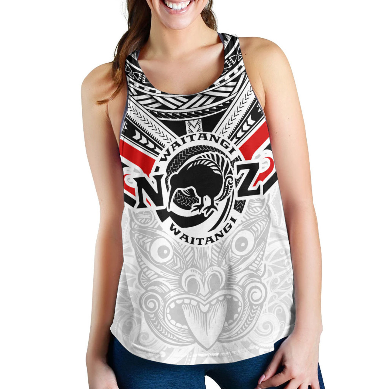 New Zealand Waitangi Day Women Racerback Tank - New Zealand Kiwi Fern With Maori Koru Spiral White