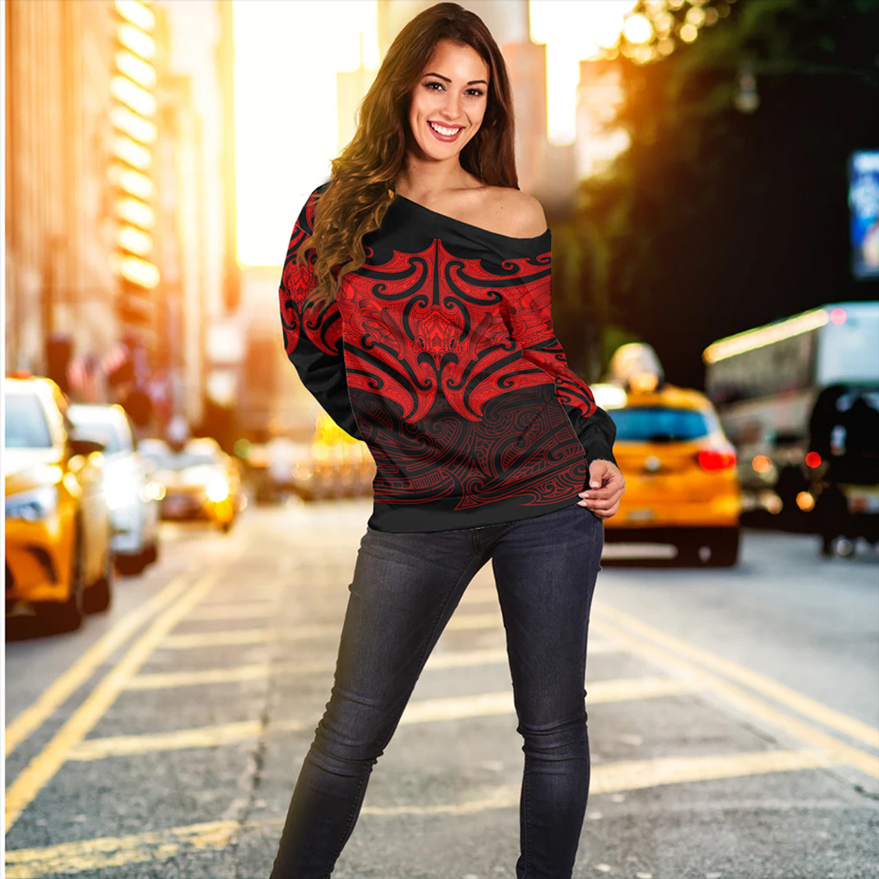 New Zealand Off Shoulder Sweatshirt Maori Red Pattern