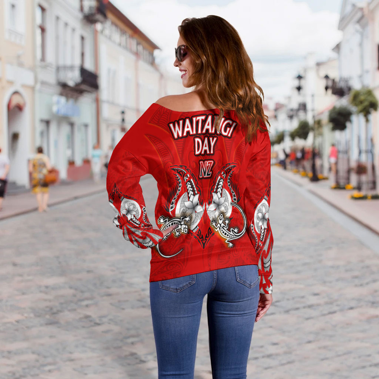 New Zealand Off Shoulder Sweatshirt - Waitangi Day Lizards Maori Patterns