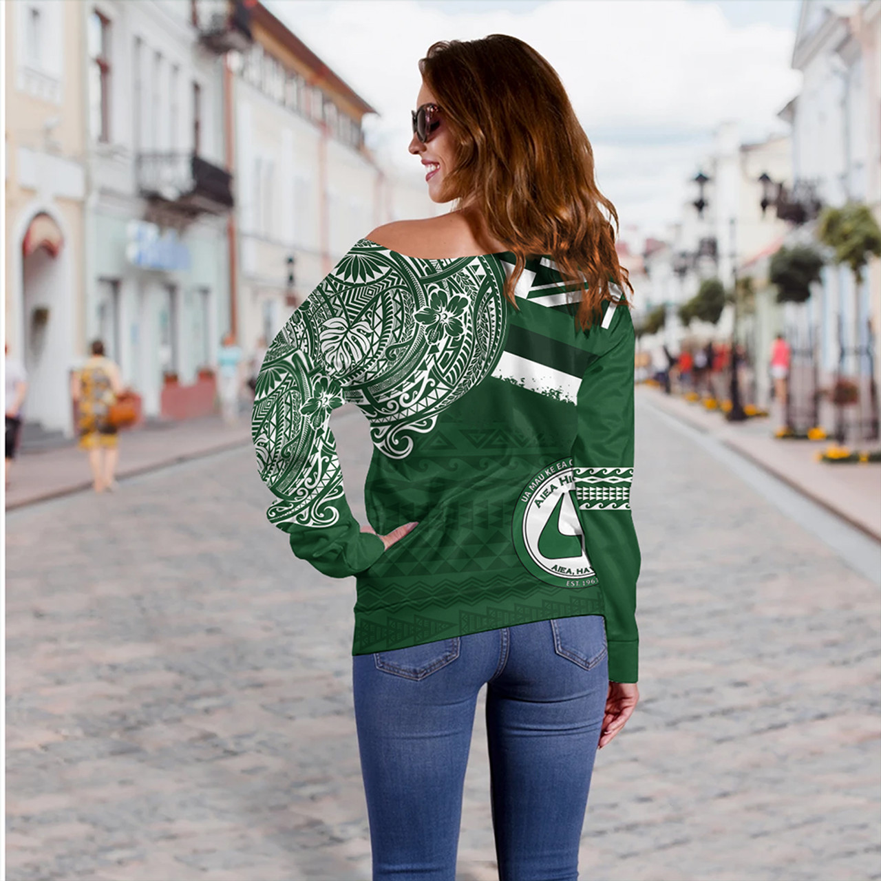 Hawaii Off Shoulder Sweatshirt Aiea High School Flag With Crest Style