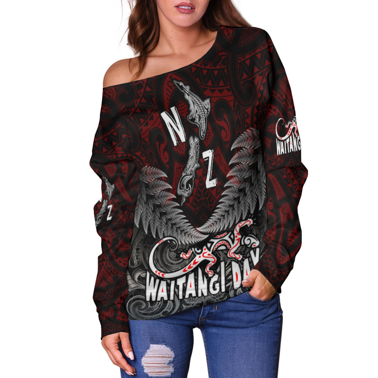 New Zealand Off Shoulder Sweater - Waitangi Day New Zealand Map Silver Fern