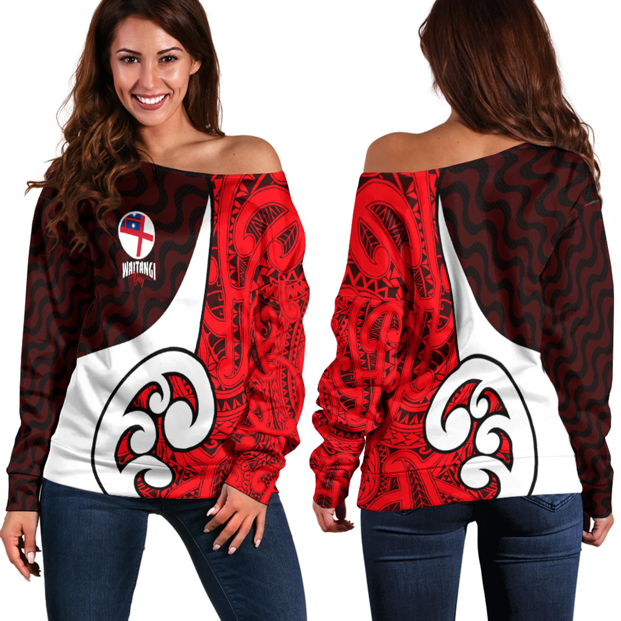 New Zealand Off Shoulder Sweater - Flag of the United Tribes of New Zealand Waitangi Day