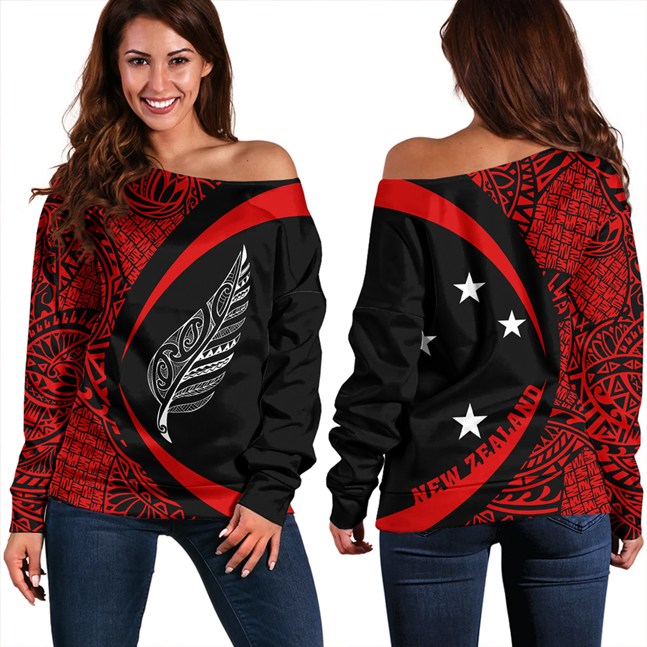 New Zealand Off Shoulder Sweatshirt Silver Fern Maori Flag Lauhala Circle