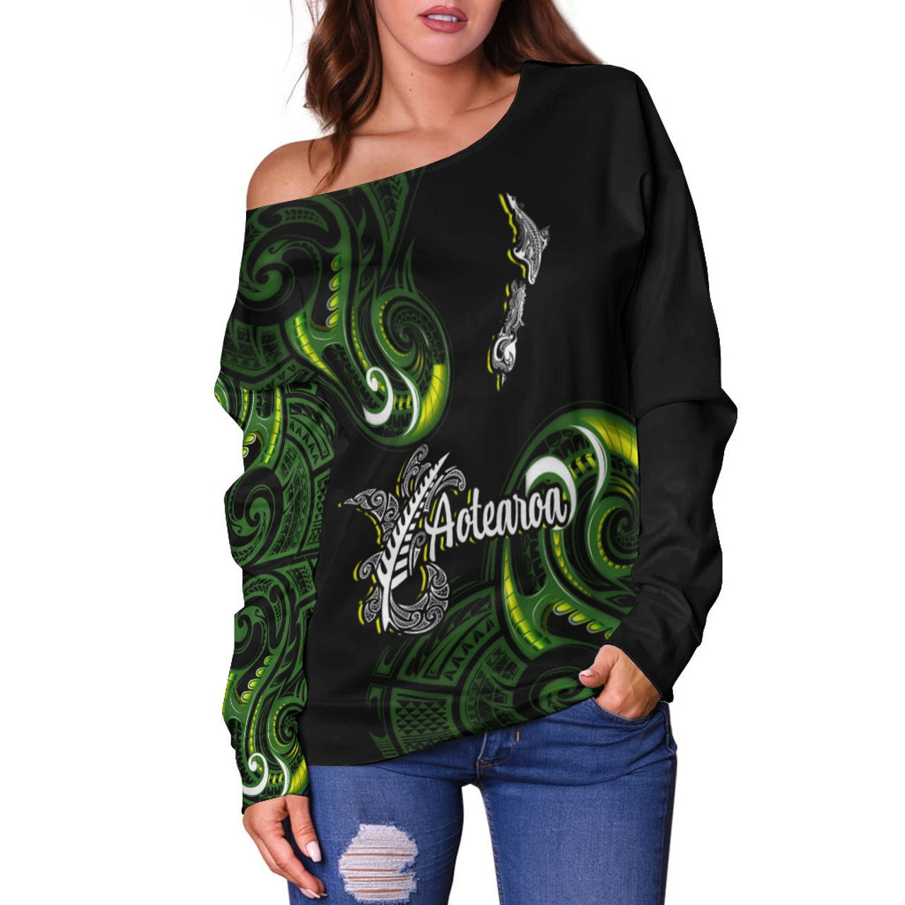 New Zealand Off Shoulder Sweatshirt - Aotearoa Silver Fern Maori Patterns