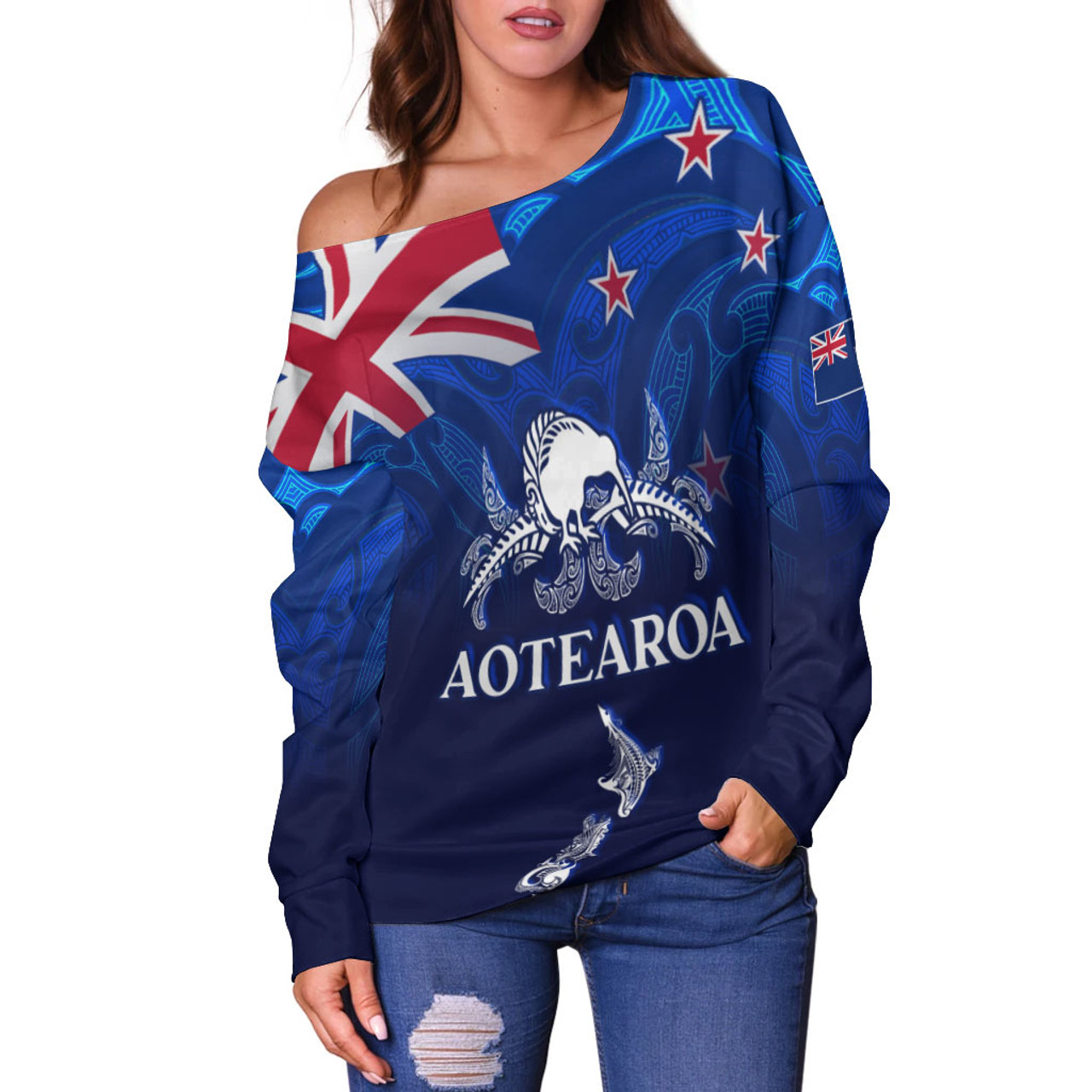 New Zealand Off Shoulder Sweatshirt - Aotearoa Map Kiwi Bird Mascot