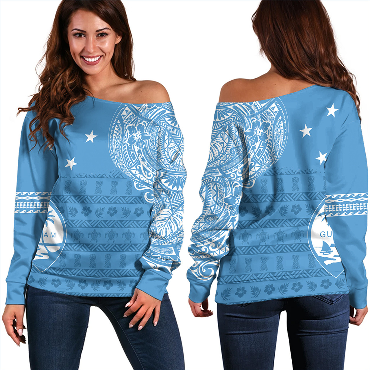 Guam Off Shoulder Sweatshirt Micronesian Flag With Coat Of Arms