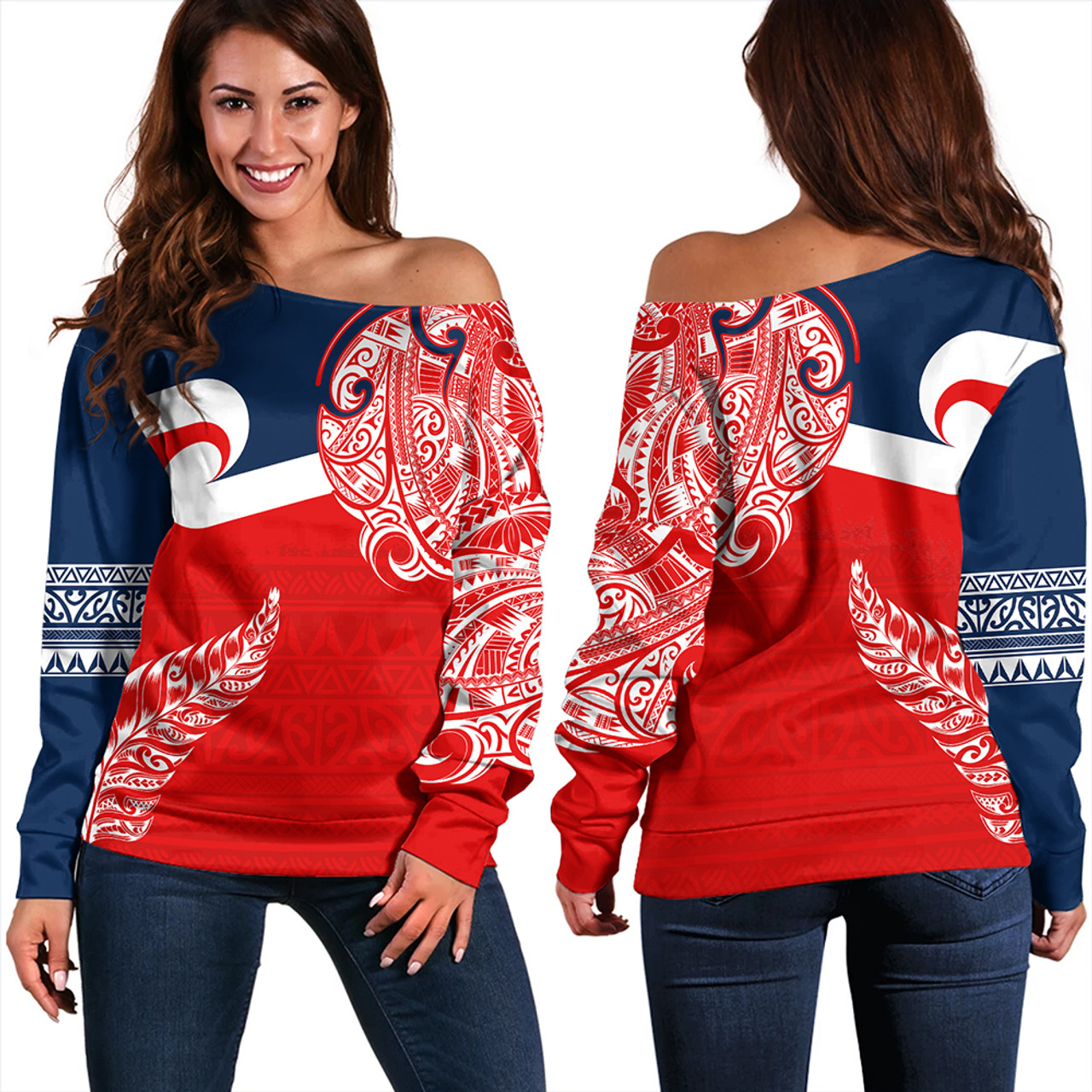 New Zealand Off Shoulder Sweatshirt Tino Rangatiratanga Maori With Silver Fern Version.2