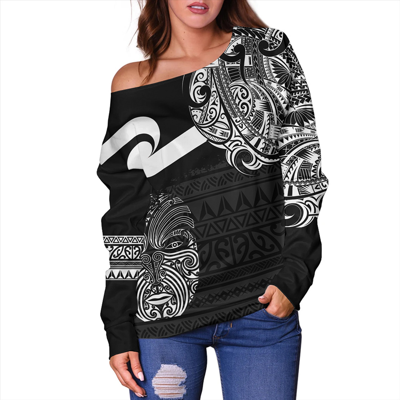 New Zealand Off Shoulder Sweatshirt Tino Rangatiratanga Maori Mask Black